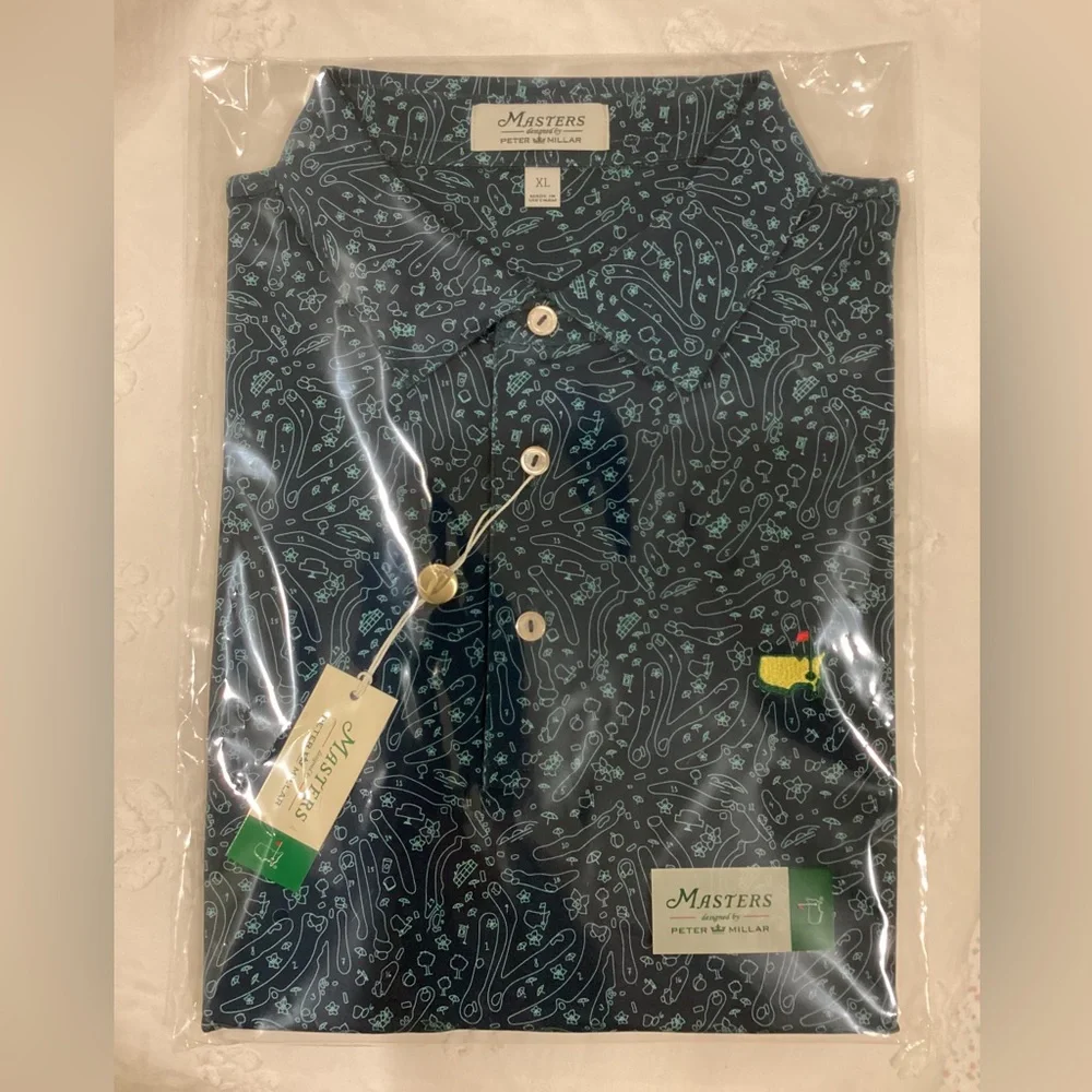 2025 Peter Millar xl Large Men's Golf Shirt Masters course map Print Green Poll - Picture 1 of 1